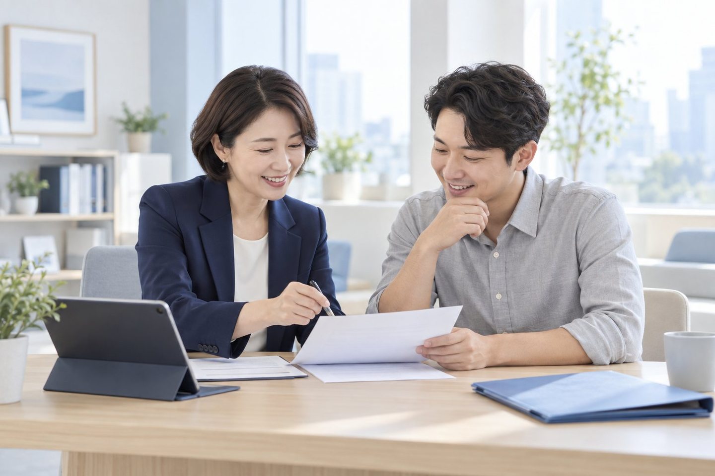 상담 자리에서 서류를 함께 검토하는 두 사람 — PG 뷰티샵 카드단말기 숫자와 서류가 오래 편해야 혼자 하는 샵도 오래 편합니다.