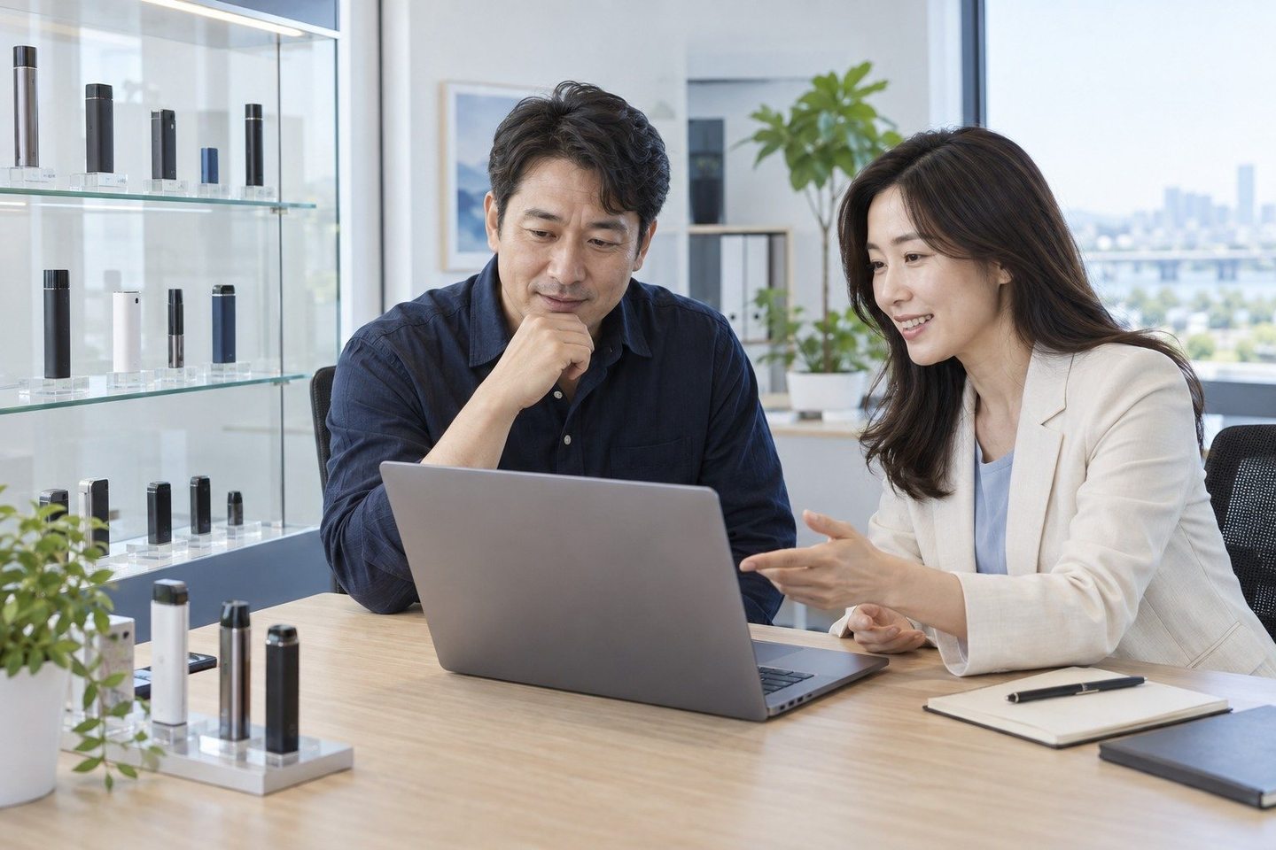 화면과 자료를 함께 검토하는 두 사람 — 뷰티샵 카드단말기 설치비뷰티샵 카드단말기 설치비, 그 부담 때문에 미루셨나요? 연락 주시면 설치비 없이 첫 기기를 보내 드립니다.