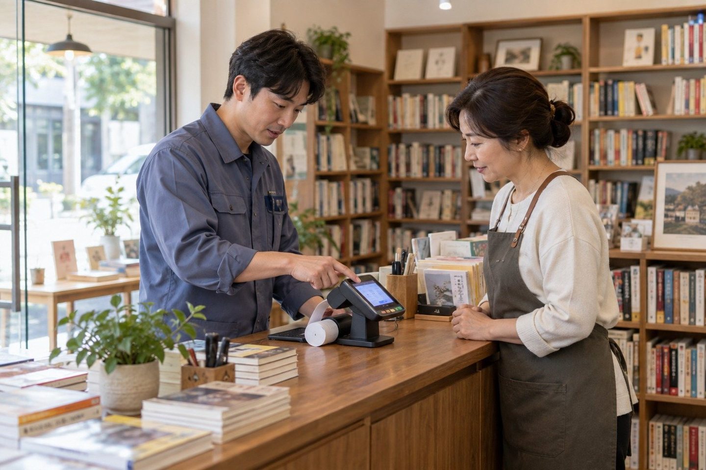 매장 계산대에서 고객의 카드결제를 받는 운영자 — 카운터 없는 샵일수록 단말기는 작아야 편합니다